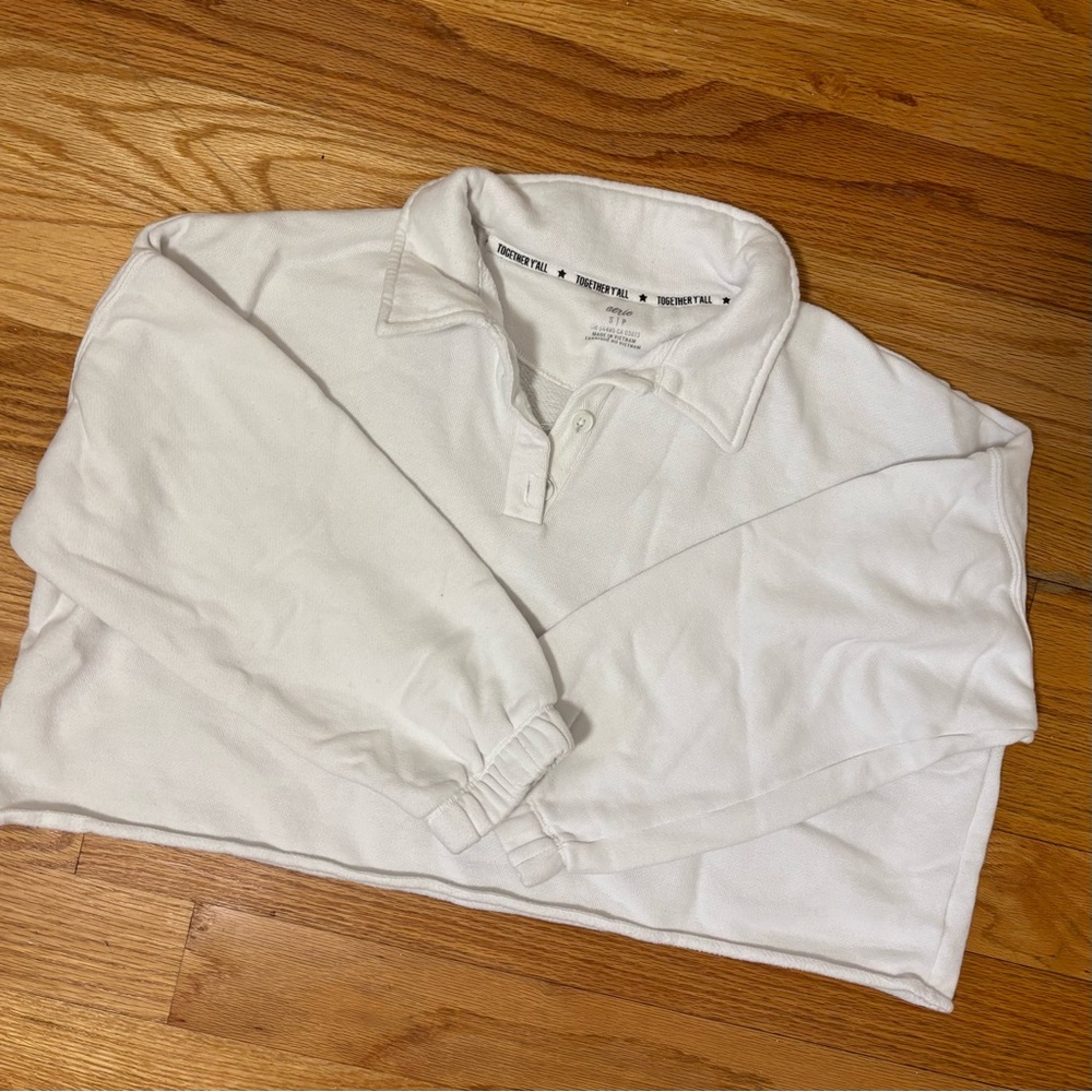 AERIE White Cropped Collar Sweatshirt